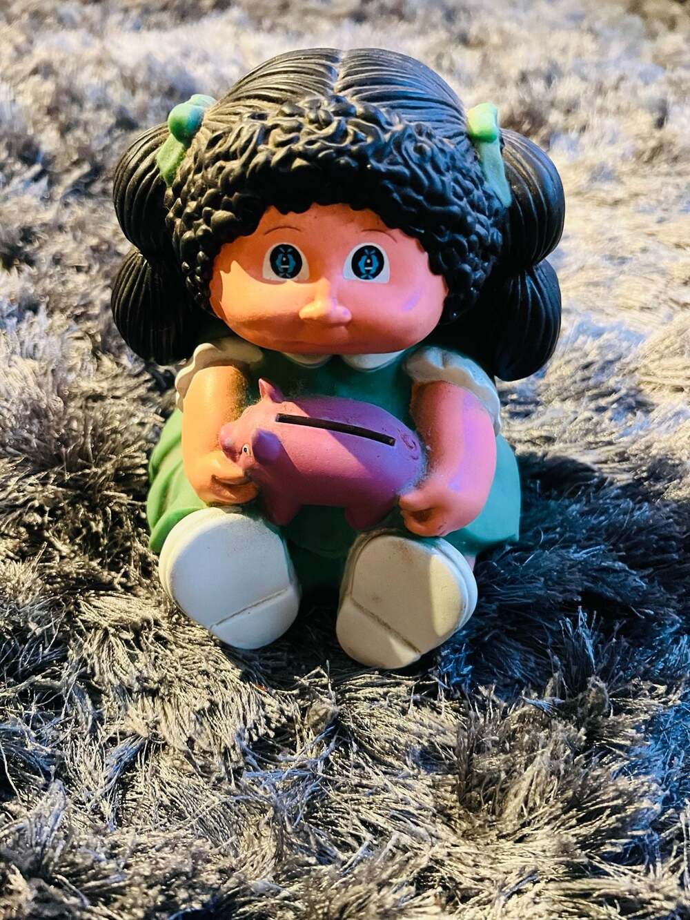 Vtg 1983 Cabbage Patch Kids Piggy Bank Girl with Black Hair Green Dress